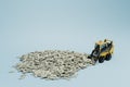 the concept of earning on heavy machinery. excavator and many packs of dollars on a blue background. 3d render