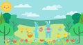 Concept for Easter. Spring garden with two rabbits, chicken, trees, grass and eggs, llustration for greeting card, banner, poster