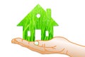 Concept of eco house with wheat grass on hand Royalty Free Stock Photo