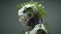 The concept of ecological technology with a humanoid robot with green leaves highlighted on a green background