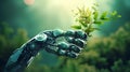 The concept of ecological technology. The robot's hand is holding a small green plant. Artificial intelligence and