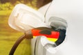 Charging an electric vehicle using an electric cable with a picture of the German flag