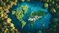 The concept of an ecological world map. Continents covered with vegetation in the middle of a lake surrounded by forest Royalty Free Stock Photo