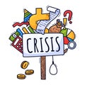 The concept of an economic crisis. Vector illustration in cartoon style is drawn by hand. Protest poster and various icons related Royalty Free Stock Photo