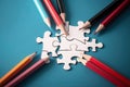 concept education business ideas brainstorming jigsaw point pencils together connect pieces puzzle team Working Royalty Free Stock Photo