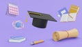 Concept education. Graduate cap surrounded by graduation leaves, school bags, notebooks, stationery and atoms on purple background