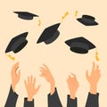 Concept of education, hands of graduates throwing graduation hats in the air