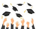 Concept of education, hands of graduates throwing graduation hats in the air