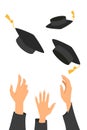 Concept of education, hands of graduates throwing graduation hats in the air