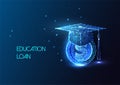 Concept of education loan with graduation cap and dollar coin symbols in futuristic style on blue