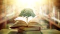The concept of education by planting a tree of knowledge in the opening of an old book in the library and the magical magic of lig