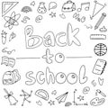 Concept of education. School background with hand drawn school supplies with Back to School lettering. Back to school doodles set.