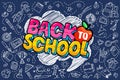 Concept of education. School background with hand drawn school supplies and comic speech bubble Royalty Free Stock Photo