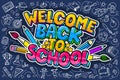 Concept of education. School background with hand drawn school supplies and comic speech bubble Royalty Free Stock Photo