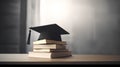 The concept of education, school, graduation. A graduate's hat on a stack of books on a wooden table. Generative AI. Royalty Free Stock Photo