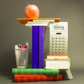 Messy pile of school books with red apple Royalty Free Stock Photo