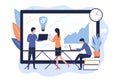 Concept of effective managers. A team of analysts studies sales data, discusses schedules and plans to promote products and