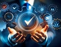 Concept of efficiency and productivity, featuring elements like gears, checkmarks, and speedometers symbolizing effective