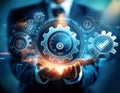 Concept of efficiency and productivity, featuring elements like gears, checkmarks, and speedometers symbolizing effective