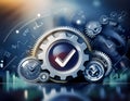 Concept of efficiency and productivity, featuring elements like gears, checkmarks, and speedometers symbolizing effective