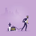 Concept of ego, confident business man with crown on head and big weight chained to foot