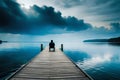 Einsamer Mann Sitzt Auf Dem Steg Am See. Generative AI