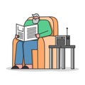 Concept Of Elderly People Leisure. Senior Man Is Reading Newspaper, Listen To The Radio Sitting In Armchair Royalty Free Stock Photo