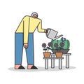 Concept Of Elderly People Leisure. Smiling Female Character Takes Care Of Flower Bed. Senior Woman Has Hobby