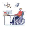 Concept Of Elearning, Distant Self Education. Handicapped Student In The Wheelchair Takes A Remote Online Course