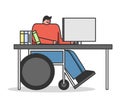 Concept Of Elearning, Self Education. Man In Wheelchair Takes A Remote Online Course Sitting At The Computer