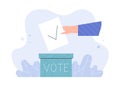 Concept of election, voting, democracy. Hand of voter throwing paper with check mark into ballot box Royalty Free Stock Photo