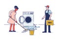 Concept Of Electric Appliances Service. Bewildered Household Called Repairman To Fix Appliances