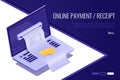 Concept of electronic bill and online bank, laptop with check tape. 3d isometric style