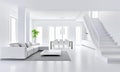 Concept of elegant minimalistic living room in a modern home, with white sofa, coffee table, and staircase to upper floor.