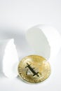 The concept of the emergence or discovery of Bitcoin. Coin on a white background with an egg shell