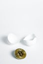 The concept of the emergence or discovery of Bitcoin. Coin on a white background with an egg shell