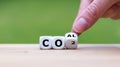 Concept for emission of carbon dioxide. Hand turns a dice and changes the expression `coal` to `co2`