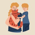 The concept of emotional support animal. Mom, son and their cat. The boy is petting his pet. Vector illustration in hand drawn Royalty Free Stock Photo