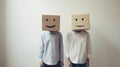 concept of emotions, gestures. a man and a woman with boxes on their heads with smiles. Generative AI