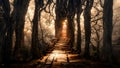 Concept of enchanting forest path stairs leading to the door, autumn forest. 3d render. Digital art illustration Royalty Free Stock Photo