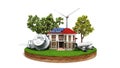 Concept of energy saving house with solar panels and a windmill Royalty Free Stock Photo