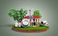 Concept of energy saving house with solar panels and a windmill Royalty Free Stock Photo