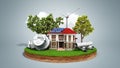 Concept of energy saving house with solar panels and a windmill Royalty Free Stock Photo