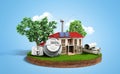 Concept of energy saving house with solar panels and a windmill Royalty Free Stock Photo