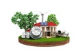 Concept of energy saving house with solar panels and a windmill Royalty Free Stock Photo