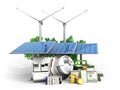 Concept of energy saving solar panels and a windmill near the me Royalty Free Stock Photo