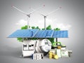 Concept of energy saving solar panels and a windmill near the me Royalty Free Stock Photo