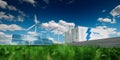 Concept of energy storage system. Renewable energy - photovoltaics, wind turbines and Li-ion battery container in fresh nature. 3 Royalty Free Stock Photo