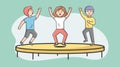 Concept Of Entertainments And Sport. Group Of Of Teens Boys And Girls Jumping On Trampoline In Activity Park Or Gym