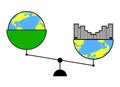 Concept, environmental disaster. Environmental pollution. On the scales, ecology of the planet and life in megacities. Imbalance